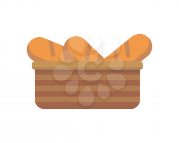 French bread in basket. Bread icon. Bakery logo. Bakery shop. Bakery basket. Fresh bread in flat design isolated on white background. Vector illustration.