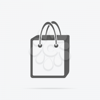 Simple shopping bag icon. Grey line pictogram of paper bag with handles and shadow under it. Vector illustration for shopping services, applications icons, logo and web page design.