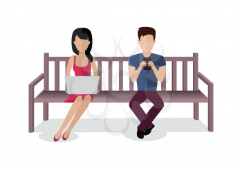 Internet addiction concept vector. Flat design. Man and woman seating on bench with computer and  mobile phone. People online communication picture for infographics, web design. Isolated on white.