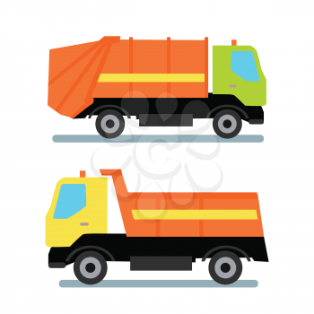Two orange trucks transportation. Garbage truck with green cabin and orange vehicle. Tipper with yellow cabin and orange vehicle. Truck for assembling and transportation garbage.