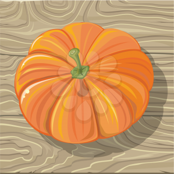 Ripe orange pumpkin on wooden background. Flat design vector. Vegetable on table. Healthy vegetarian organic food. Autumn harvest concept. Illustration for plant farm, grocery store ad