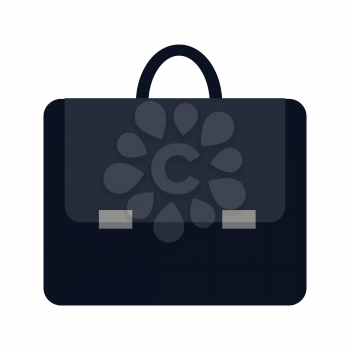 Dark blue briefcase icon in flat. Leather briefcase with handle and clasps. Businessman accessory. Business design element. Isolated vector illustration on white background.