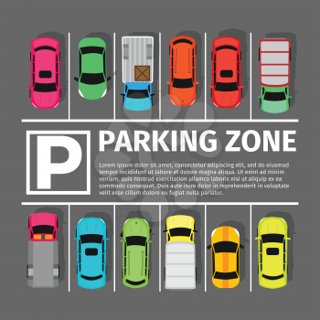 Parking zone conceptual web banner. Parking place sign symbol. Parking lot or car park. City parking structure. Parkade. Shortage parking spaces. Large number of cars in crowded parking. Urban infrast