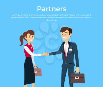 Partners concept vector. Flat style design. Relations of partnership. Smiling man and woman in business suits with cases shaking their hands. Illustration for start-up, company web page design.