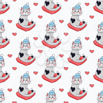 Pretty kitten in blue hat and red pillow. Saint Valentine s day concept. Seamless pattern with cat in warm winter cloth. Wallpaper design with cartoon character. Home feline in flat style design. Vect