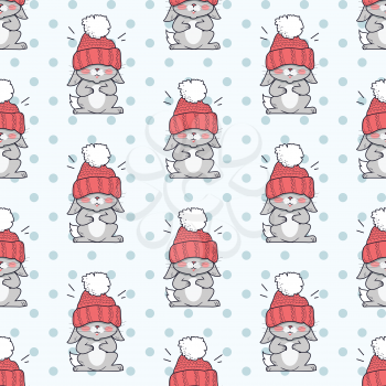 Little rabbit in big red hat seamless pattern. Endless texture with funny bunny wearing red hat. Wallpaper design with cartoon character. Small hare in flat style design. Vector illustration