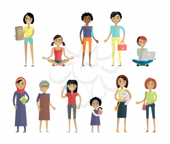 Set of women of different ages and races isolated on white. Variety of clothes, nationalities. Racial diversity concept. Woman template personages for fashion app, logos, infographic. Vector