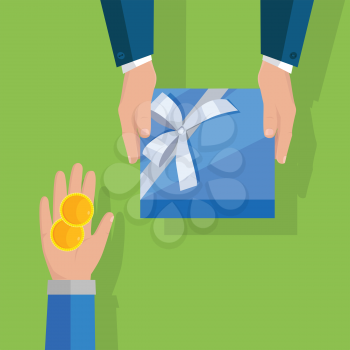 Buying gifts vector in flat design. Surprise in colored box with ribbon. Hands with packed present and coins. For shopping, holiday sales, discounts concepts, event management companies