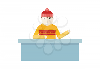 Boy in red hat and sweater near reception at the skating rink. Boy buying tickets to the winter sport recreational activity, Outdoors winter season kinds of sport. Vector illustration in flat style