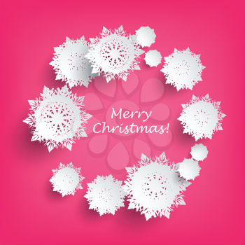 Merry Christmas vector concept. Flat design. Circle of white paper snowflakes on pink background with text. Winter holidays celebrating. For greeting cards, party invitations, web ad design