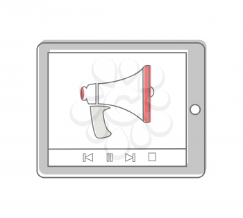 Tablet computer with megaphone on screen. Social media, video marketing, online marketing, internet communication element. Business concept. Flat pictogram symbol. Isolated vector illustration.