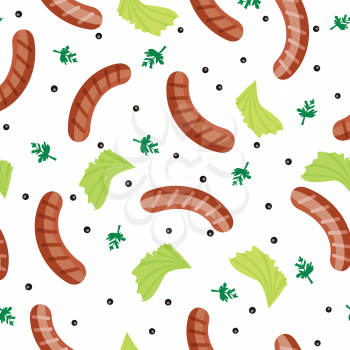 Fried sausages with salad and flavorings vector seamless pattern. Grilled bavarian sausages with greens and black pepper on white background. For wrapping paper, web, printing materials design