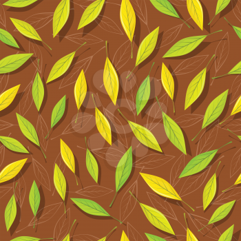 Seamless pattern with autumn leaves on brown background. Autumnal illustration with yellow, green and silhouette leaves. Fall concept. Wallpaper and textile design. Floral leaf decor. Vector
