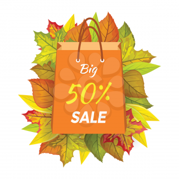 Big sale 50 percent. Autumn sale paper bag label template. Fall sale, autumn leaves on background, discount tag price, seasonal promotion. Foliage isolated. Autumn sale element. Vector illustration