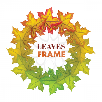 Autumn leaves vector frame. Flat design. Circle from colored tree leaves with white free space in the centre and sample text. For photo decoration, nature concept, seasonal promotion and ad design