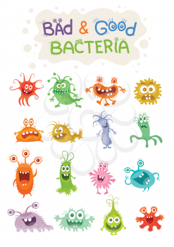 Good bacteria and bad bacteria cartoon characters isolated on white. Set of funny bacterias germs in flat cartoon style. Good and bad microbes. Enteric bacteria, gut and intestinal flora. Vector