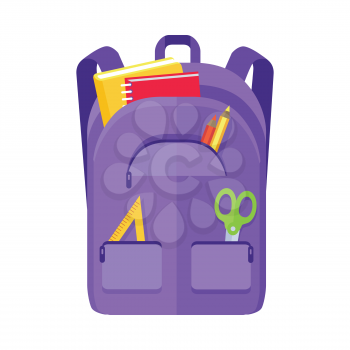 Backpack schoolbag icon in flat style. Hiking backpack. Kids backpack with notebook and ruler, education and study school, rucksack, urban backpack vector illustration on white background