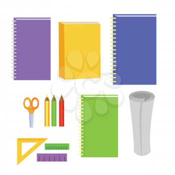 Set of stationery office elements. Note book, paper book, diary. Workplace tools marker, paper, pen, clip, pencil icons in flat design isolated on white background. Business work elements set. Vector