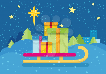 Christmas presents on the sledge on the background of snowy landscape and night star sky. Toboggan with gift boxes. New Year and Xmas concept. Sleigh carrying cadeaus. Star of Bethlehem. Vector
