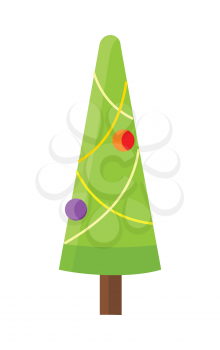 Christmas tree isolated on white. Cartoon fir tree in xmas holiday concept. Merry Christmas and Happy New Year poster. Funny winter illustration for children. Winter season holiday celebration. Vector