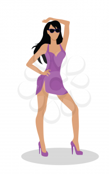 Dancer woman vector illustration. Flat Design. Beautiful brunet woman character template in sexy dress dancing. For celebrating, party concepts, dancing club ad. Isolated on white background.