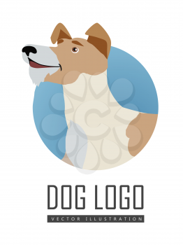 Dog vector logo in flat style. Fox terrier bust in the blue circle illustration for pet shop, breed club logotype, app icon, animal infogpaphics elements, web design. Isolated on white background