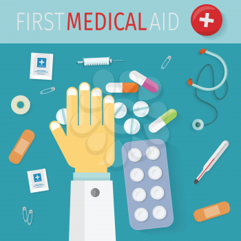 First medical aid banner. Thermometer pills drugs stethoscope plaster safety pins syringe and doctor hand. Equipment, medicine and hospital, healthcare and pharmacy, emergency and care. Vector