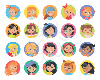 Set of girl avatar userpics buttons isolated. Collection of girls having leisure time. School girls during break. Group of kids having fun. Young ladies at playground. Daily activities. Vector