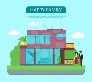 Happy family in the yard of their house. Home icon symbol sign. Colorful residential cottage with green bushes. Part of series of modern buildings in flat design style. Real estate concept. Vector