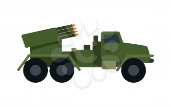 Military vehicle with rockets isolated. Type of vehicle that includes all land combat and transportation vehicles used by military forces. Has vehicle armour plate and off-road capabilities. Vector