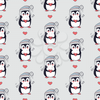 Funny penguins vector seamless pattern. Cute penguin in warm hat with pompon holding heart on grey background. Love and warm feelings. For gift wrapping paper, greeting cards, invitations design