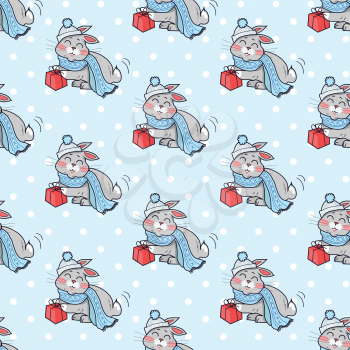 Little rabbit with present box seamless pattern. Endless texture with funny bunny wearing blue scarf. Wallpaper design with cartoon character. Small hare in flat style design. Vector illustration