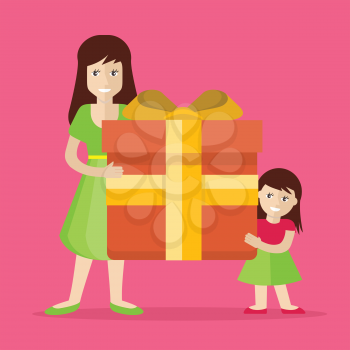 Giving present. Smiling woman and small girl standing with gift box decorated ribbon, bow flat vector illustration isolated on pink background. Birthday, valentine, christmas, father s day celebrating