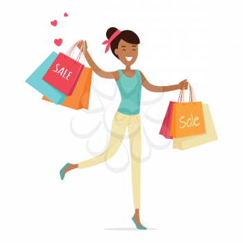 Sale in woman's clothing store. Smiling lady dancing with shopping paper bags in hands flat vector illustration on white background. Black friday. For seasonal sales and discounts, promotions design