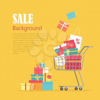 Sale background. Cart with gift boxes, paper bags, presents. Winter, summer, autumn, spring sale concept. Trolley full of things bought on discount. Hand cart truck with presents. Vector in flat style