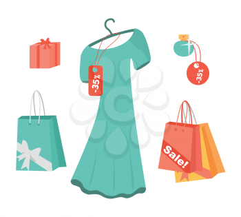 Party dresses, accessory, perfumes on sale. Black friday Big Sale. Fashion wear, vector. Christmas, winter shopping, retail, discount poster. Paper bags and presents. Jewelry Flat style Vector
