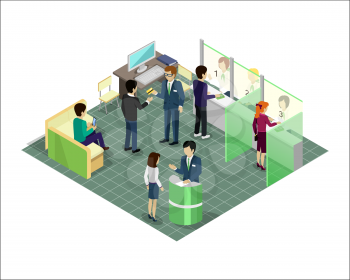 Premises of the bank vector concept in isometric projection. Bank interior with personal and clients. Illustration for business and finance companies ad, apps design, icons, infographics.  