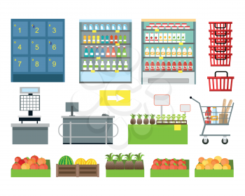 Set of supermarket furniture and equipment vector. Flat design. Shelves, freezer, lockers, scales, cash, showcase, cart, basket, trolley boxes with food illustrations Assortment in grocery store  