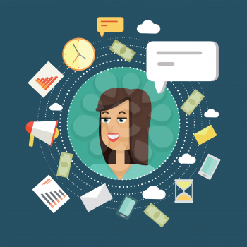 Creative office background. Businesswoman icon with bubble. Avatars of woman with devices for communication. Smiling young female personage in flat on blue background. Vector illustration.
