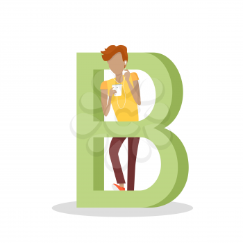 B letter and boy stands and listens to music on mobile phone. Social network. Alphabet with cartoon pictures of people using modern computer technologies for communication. Flat design. ABC vector