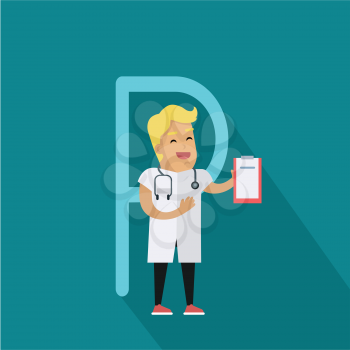 Science alphabet. Letter - P. Scientists medic with stethoscope and tablet. Simple colored letters and scientist character. Scientific research, science lab, science test, technology illustration