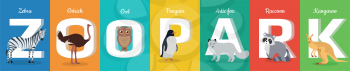 Zoo park  ABC concept. Flat style. Horizontal banner with zebra, ostrich, owl. penguin, fox, raccoon, kangaroo. Animals standing at the beginning letters of their names. For children's textbooks 