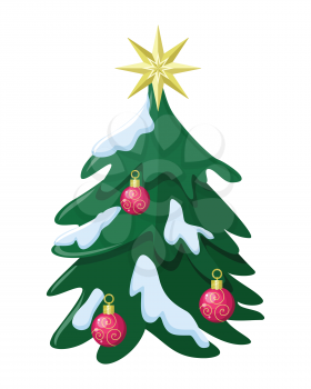 Christmas tree vector. Flat design. Illustration of christmas tree in snow with hung bubble red toys and eight-pointed star on top. Christmas and New Year celebrating. Winter holidays symbol. On white