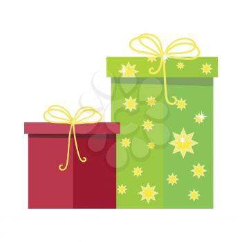 Gift boxes vector icon in flat style. Packaged with red and green with stars paper presents. Holiday surprise. For app button, infogpaphics elements, logo, web design. Isolated on white background