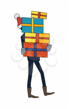 Man carrying gift boxes. Person in santas hat holds present box with overwhelming bow. New year and Christmas sale concept. Giving presents for nearest and dearest. Vector illustration in flat style