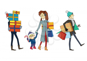 Family going with presents. Man, woman, child and person with gift boxes isolated on white background. Christmas and new year holiday concept. Big seasonal sale. Discount special offer. Vector