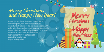Merry Christmas and Happy New Year colorful web banner with snow and snowflakes, presents, gift boxes and xmas trees. Add congratulation text. Greeting card, winter season holiday celebration. Vector