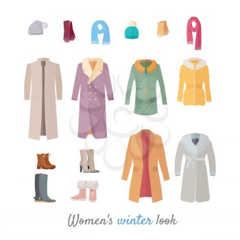 Women s winter look. Set of casual clothing and shoes for cold season. Pants, jacket, sweater, shirt flat vector illustrations isolated on white background. For clothes stores ad, fashion concepts