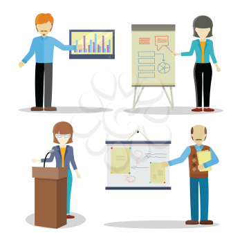 Collection of lectures character vectors. Flat design. Woman and man personages holding business seminar. Certification training in office. Illustration for educational companies, career courses ad.  