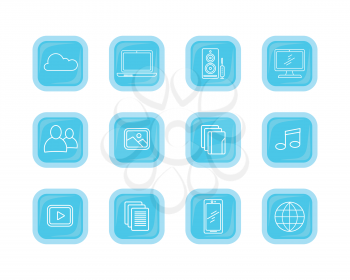 Set icons of modern computer web buttons. Cloud storage laptop speaker desktop computer user pic picture gallery music play data mobile phone globe. Internet science. Set of thin line icons. Vector